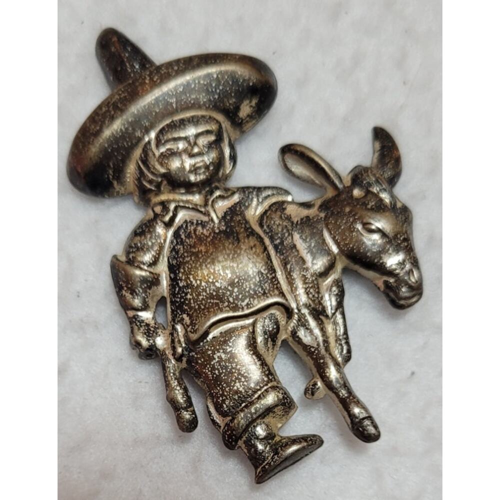 VINTAGE 1940s MEXICAN STERLING 925 BOY SOMBRERO HAT BURRO DONKEY BROOCH PIN - Picture 8 of 9